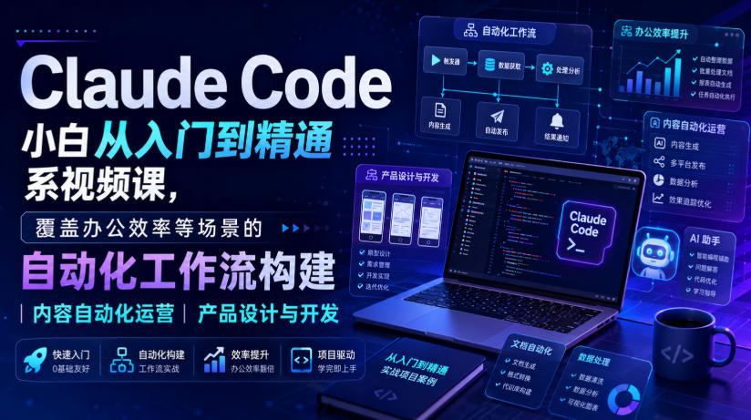 Claude Code小白从入门到精通系视频课，覆盖办公效率等场景的自动化工作流构建|内容自动化运营|产品设计与开发-亿起创业网-副业兼职月入过万-自媒体、引流推广、网赚项目、短视频、技术教程等创业项目资源