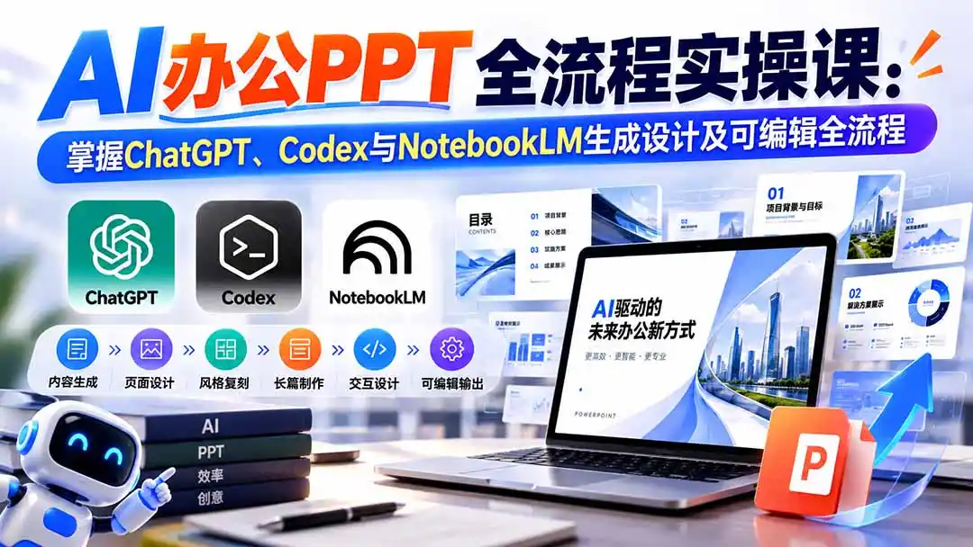 【无水印】AI办公PPT全流程实操课： 掌握ChatGPT、Codex与NotebookLM生成设计及可编辑全流程-亿起创业网-副业兼职月入过万-自媒体、引流推广、网赚项目、短视频、技术教程等创业项目资源