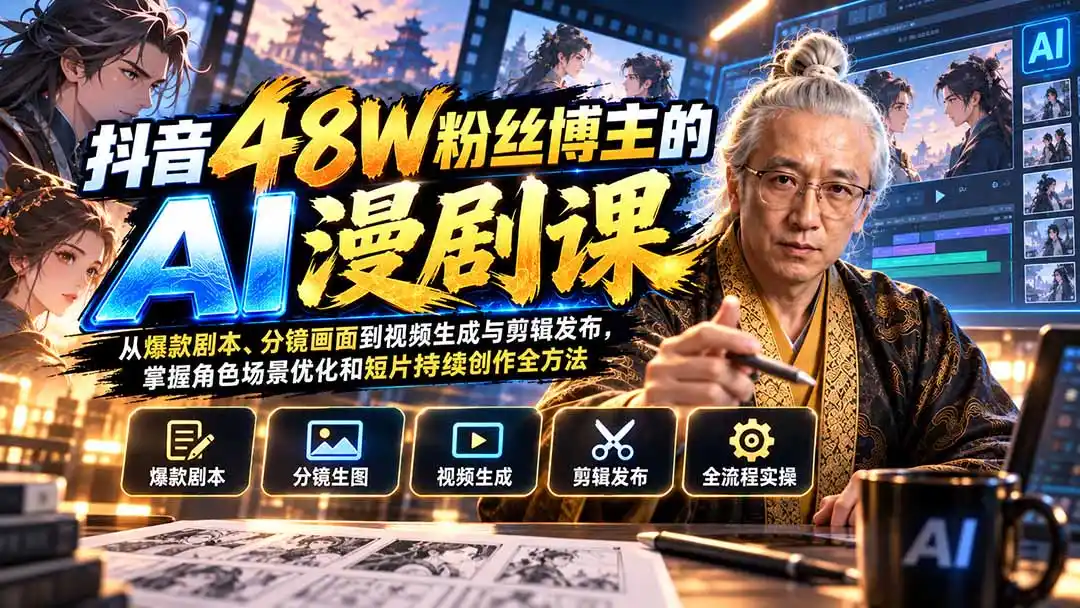 抖音48W粉丝博主的AI漫剧课：从爆款剧本、分镜画面到视频生成与剪辑发布，掌握角色场景优化和短片持续创作全方法-亿起创业网-副业兼职月入过万-自媒体、引流推广、网赚项目、短视频、技术教程等创业项目资源