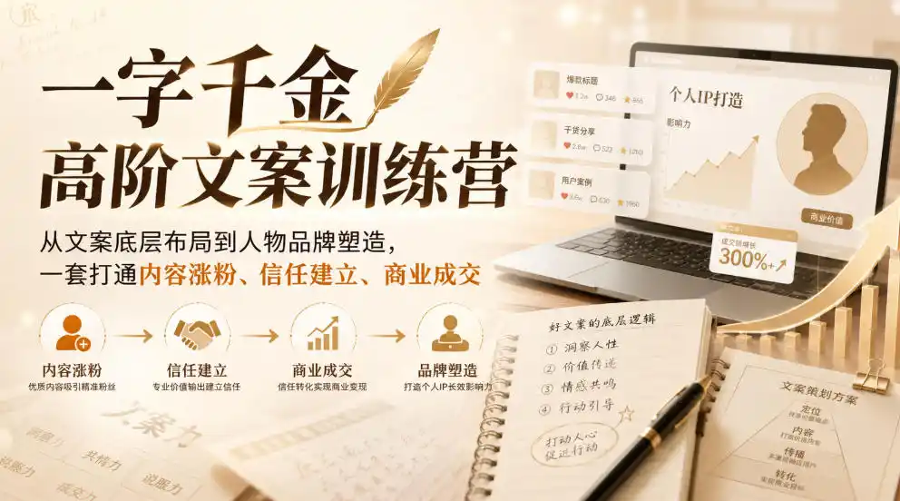 一字千金高阶文案训练营,从文案底层布局到人物品牌塑造,一套打通内容涨粉、信任建立、商业成交 一字千金高阶文案训练营,从文案底层布局到人物品牌塑造,一套打通内容涨粉、信任建立、商业成交