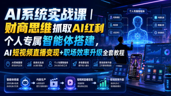 AI系统实战课｜财商思维抓取AI红利｜个人专属智能体搭建，AI短视频直播变现+职场效率升级全套教程-亿起创业网-副业兼职月入过万-自媒体、引流推广、网赚项目、短视频、技术教程等创业项目资源