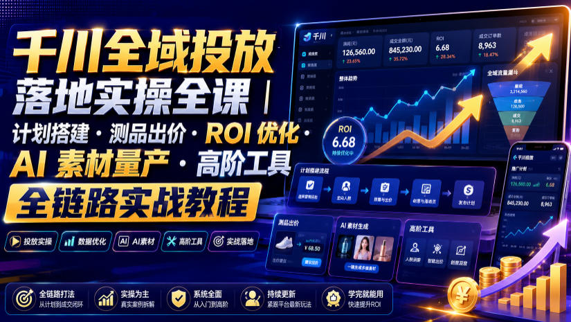 千川全域投放落地实操全课｜计划搭建・测品出价・ROI优化・AI素材量产・高阶工具全链路实战教程-亿起创业网-副业兼职月入过万-自媒体、引流推广、网赚项目、短视频、技术教程等创业项目资源