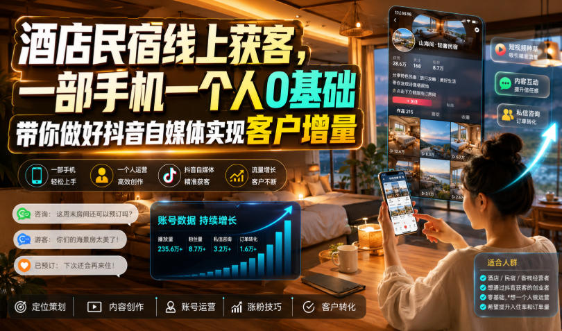 酒店民宿线上获客，一部手机一个人0基础带你做好抖音自媒体实现客户增量-亿起创业网-副业兼职月入过万-自媒体、引流推广、网赚项目、短视频、技术教程等创业项目资源