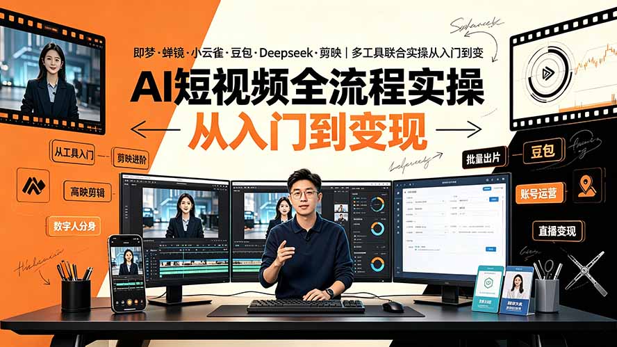 AI短视频全流程实操:即梦·蝉镜·小云雀·豆包·Deepseek·剪映|多工具联合实操从入门到变现-亿起创业网-副业兼职月入过万-自媒体、引流推广、网赚项目、短视频、技术教程等创业项目资源