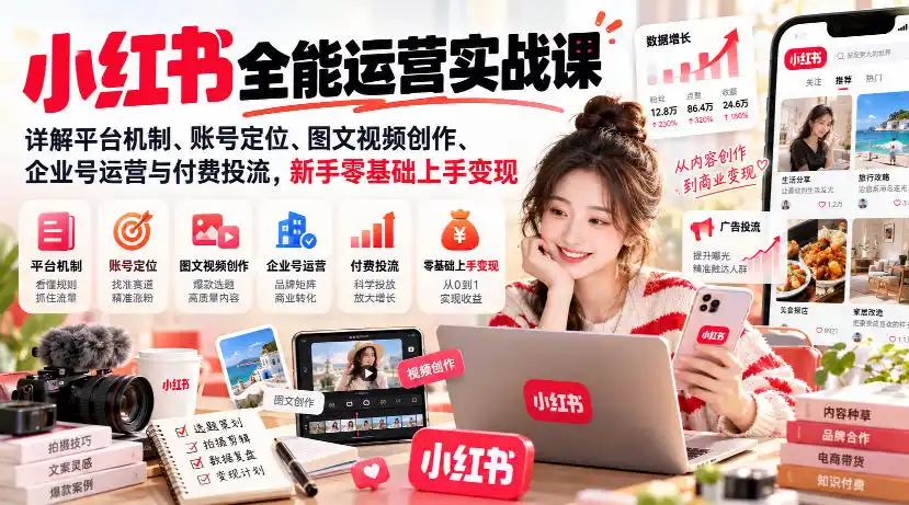 小红书全能运营实战课，详解平台机制、账号定位、图文视频创作、企业号运营与付费投流，新手零基础上手变现-亿起创业网-副业兼职月入过万-自媒体、引流推广、网赚项目、短视频、技术教程等创业项目资源