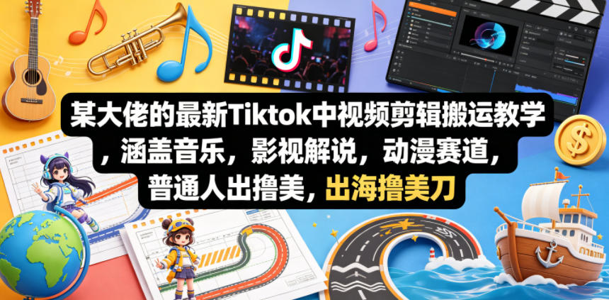 某大佬的最新Tiktok中视频剪辑搬运教学，涵盖音乐，影视解说，动漫赛道，普通人出海撸美刀-亿起创业网-副业兼职月入过万-自媒体、引流推广、网赚项目、短视频、技术教程等创业项目资源