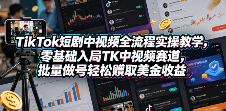 TikTok短剧中视频全流程实操教学，零基础入局TK中视频赛道，批量做号轻松賺取美金收益-亿起创业网-副业兼职月入过万-自媒体、引流推广、网赚项目、短视频、技术教程等创业项目资源