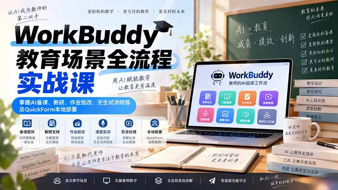 WorkBuddy教育场景全流程实战课：掌握AI备课、教研、作业批改、无生试讲陪练及QuickForm本地部署-亿起创业网-副业兼职月入过万-自媒体、引流推广、网赚项目、短视频、技术教程等创业项目资源