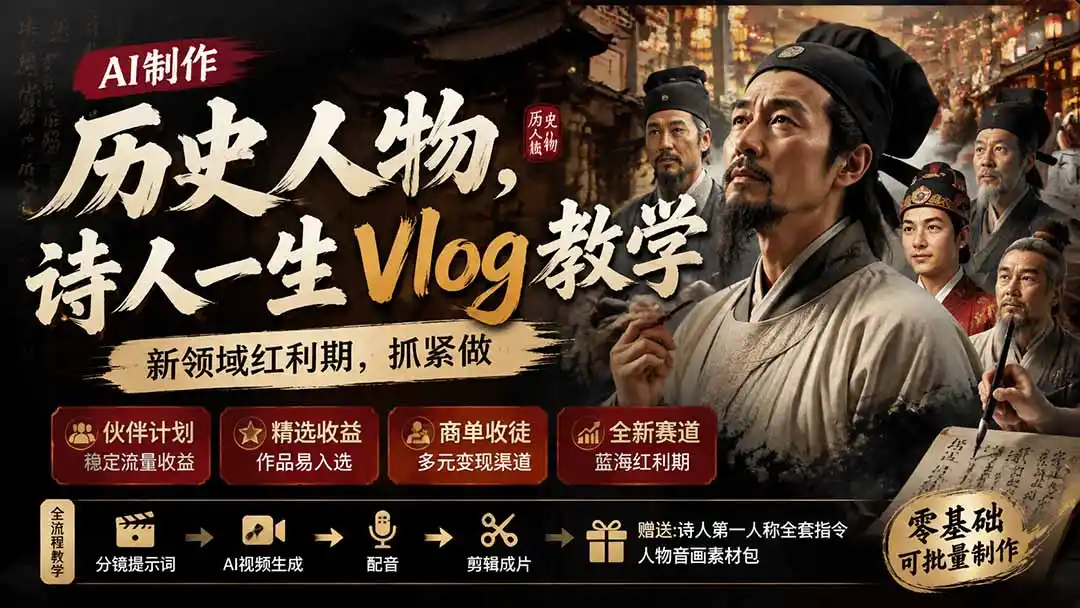 历史人物，诗人一生Vlog教学， AI制作丨伙伴计划丨精选收益丨商单收徒 ，新领域红利期，抓紧做-亿起创业网-副业兼职月入过万-自媒体、引流推广、网赚项目、短视频、技术教程等创业项目资源