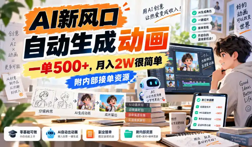 AI新风口，自动生成动画，一单500+，月入2W很简单，附内部接单资源【揭秘】-亿起创业网-副业兼职月入过万-自媒体、引流推广、网赚项目、短视频、技术教程等创业项目资源