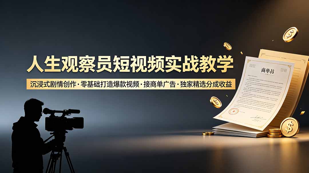 人生观察员短视频实战教学，沉浸式剧情创作，零基础打造爆款视频，接商单广告，独家精选分成收益-亿起创业网-副业兼职月入过万-自媒体、引流推广、网赚项目、短视频、技术教程等创业项目资源