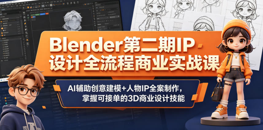Blender第二期IP设计全流程商业实战课，AI辅助创意建模+人物IP全案制作，掌握可接单的3D商业设计技能-亿起创业网-副业兼职月入过万-自媒体、引流推广、网赚项目、短视频、技术教程等创业项目资源