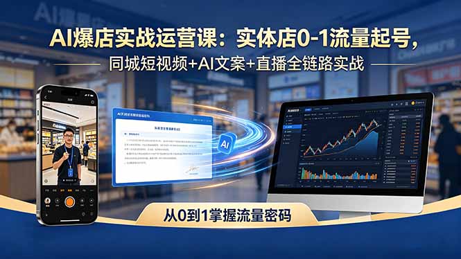 AI爆店实战运营课：实体店0-1流量起号，同城短视频+AI文案+直播全链路实战-亿起创业网-副业兼职月入过万-自媒体、引流推广、网赚项目、短视频、技术教程等创业项目资源