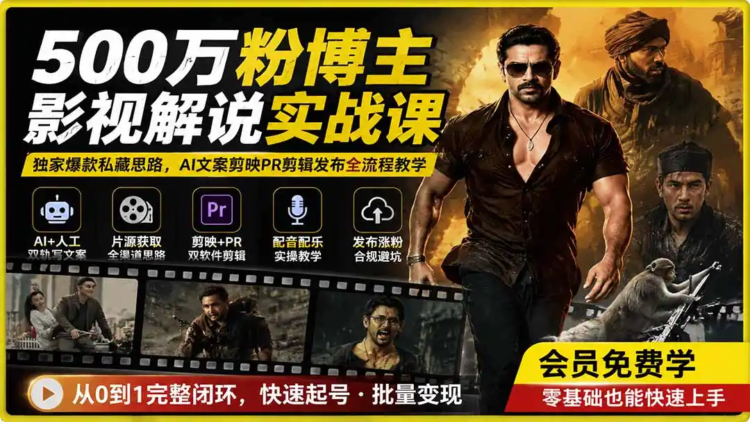 500万粉博主影视解说实战课｜独家爆款私藏思路，AI文案剪映PR剪辑发布全流程教学-亿起创业网-副业兼职月入过万-自媒体、引流推广、网赚项目、短视频、技术教程等创业项目资源