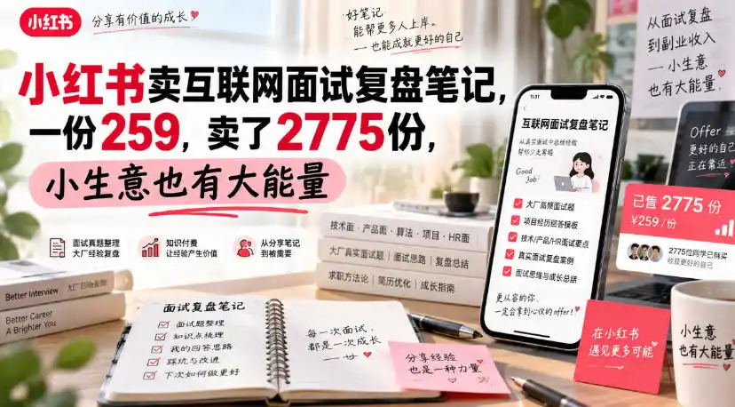 小红书卖互联网面试复盘笔记，一份259，卖了2775份，小生意也有大能量-亿起创业网-副业兼职月入过万-自媒体、引流推广、网赚项目、短视频、技术教程等创业项目资源