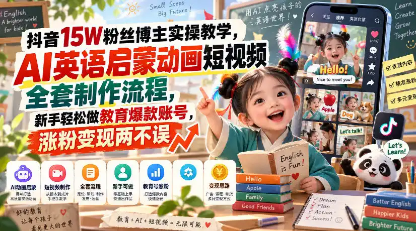 抖音15W粉丝博主实操教学，AI英语启蒙动画短视频全套制作流程，新手轻松做教育爆款账号，涨粉变现两不误-亿起创业网-副业兼职月入过万-自媒体、引流推广、网赚项目、短视频、技术教程等创业项目资源