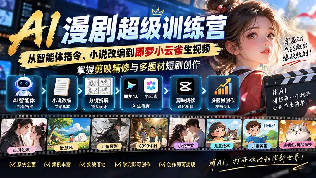 AI漫剧超级特训营：从智能体指令、小说改编到即梦小云雀生视频，掌握剪映精修与多题材短剧创作-亿起创业网-副业兼职月入过万-自媒体、引流推广、网赚项目、短视频、技术教程等创业项目资源