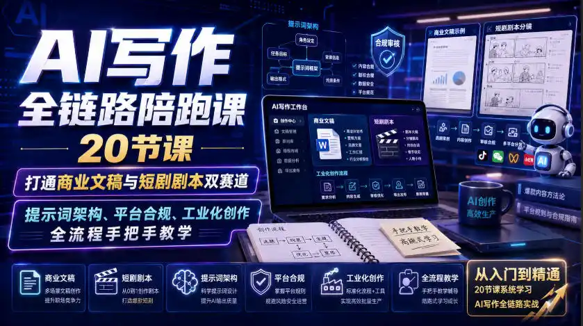 AI写作全链路陪跑课｜20节课打通商业文稿与短剧剧本双赛道，提示词架构、平台合规、工业化创作全流程手把手教学-亿起创业网-副业兼职月入过万-自媒体、引流推广、网赚项目、短视频、技术教程等创业项目资源