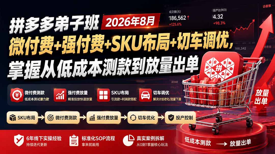 拼多多弟子班2026年8月：微付费+强付费+SKU布局+切车调优，掌握从低成本测款到放量出单-亿起创业网-副业兼职月入过万-自媒体、引流推广、网赚项目、短视频、技术教程等创业项目资源