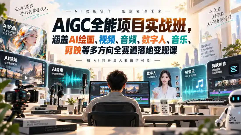 AIGC全能项目实战班，涵盖AI绘画、视频、音频、数字人、音乐、剪映等多方向全赛道落地变现课-亿起创业网-副业兼职月入过万-自媒体、引流推广、网赚项目、短视频、技术教程等创业项目资源