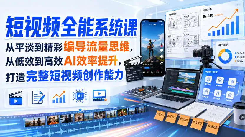 短视频全能系统课，从平淡到精彩编导流量思维，从低效到高效AI效率提升，打造完整短视频创作能力(2026年8月30更新233集)-亿起创业网-副业兼职月入过万-自媒体、引流推广、网赚项目、短视频、技术教程等创业项目资源