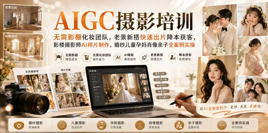 AIGC摄影培训｜无需影棚化妆团队，老景新搭快速出片降本获客，影楼摄影师AI样片制作，婚纱儿童孕妈肖像亲子全案例实操-亿起创业网-副业兼职月入过万-自媒体、引流推广、网赚项目、短视频、技术教程等创业项目资源