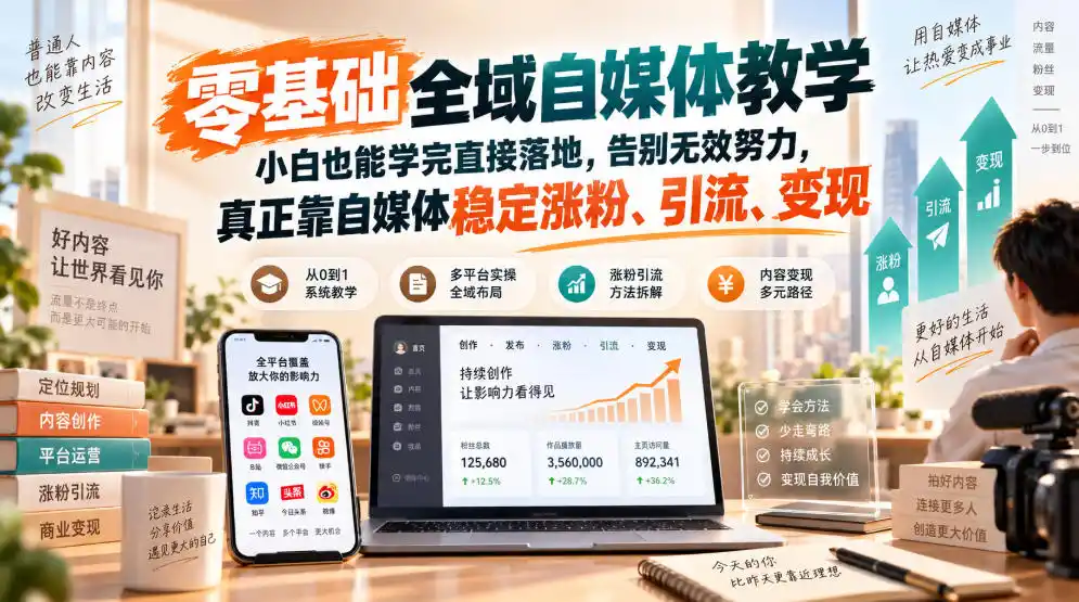 零基础全域自媒体教学，小白也能学完直接落地，告别无效努力，真正靠自媒体稳定涨粉、引流、变现-亿起创业网-副业兼职月入过万-自媒体、引流推广、网赚项目、短视频、技术教程等创业项目资源