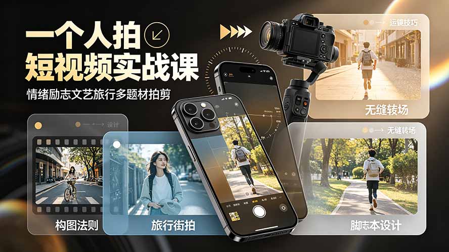 一个人拍短视频实战课：情绪励志文艺旅行多题材×五大景别×黄金构图×八大运镜，从拍摄到成片高效创作-亿起创业网-副业兼职月入过万-自媒体、引流推广、网赚项目、短视频、技术教程等创业项目资源