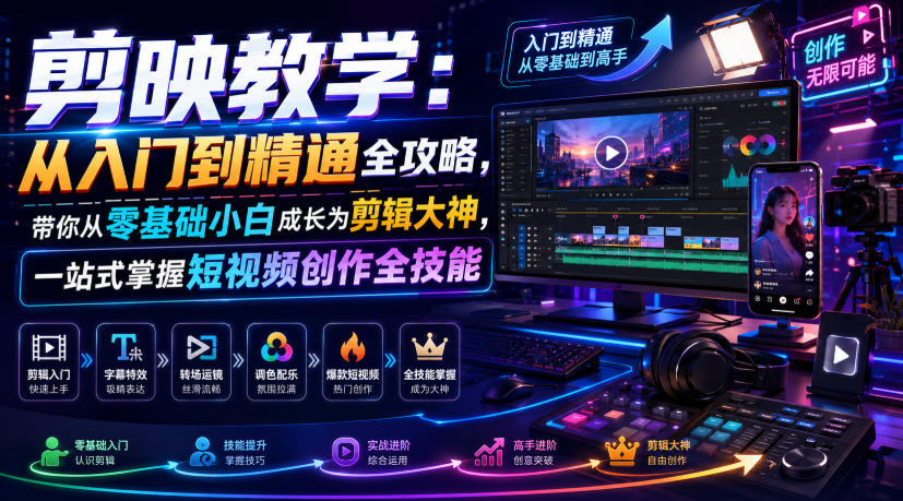 剪映教学：从入门到精通全攻略，带你从零基础小白成长为剪辑大神，一站式掌握短视频创作全技能-亿起创业网-副业兼职月入过万-自媒体、引流推广、网赚项目、短视频、技术教程等创业项目资源