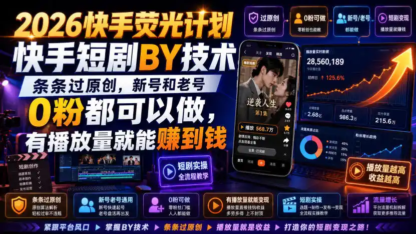 2026快手荧光计划，快手短剧搬运技术，条条过原创，新号和老号0粉都可以做，有播放量就能賺到钱-亿起创业网-副业兼职月入过万-自媒体、引流推广、网赚项目、短视频、技术教程等创业项目资源