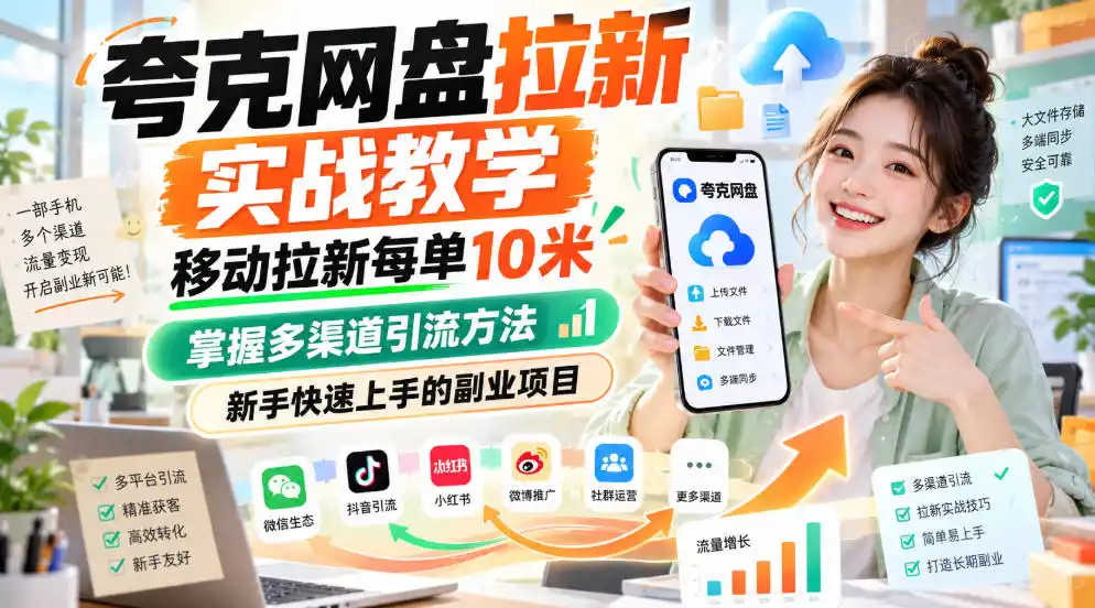 夸克网盘拉新实战教学，移动拉新每单10米，掌握多渠道引流方法，新手快速上手的副业项目(更新0929)-亿起创业网-副业兼职月入过万-自媒体、引流推广、网赚项目、短视频、技术教程等创业项目资源