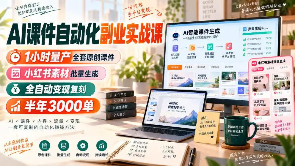 AI课件自动化副业实战课，1小时量产全套原创课件，小红书素材批量生成，全自动变现复刻，半年3000单-亿起创业网-副业兼职月入过万-自媒体、引流推广、网赚项目、短视频、技术教程等创业项目资源