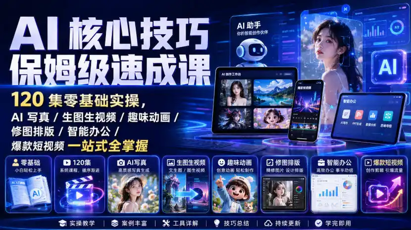 AI核心技巧保姆级速成课｜120集零基础实操，AI写真/生图生视频/趣味动画/修图排版/智能办公/爆款短视频一站式全掌握-亿起创业网-副业兼职月入过万-自媒体、引流推广、网赚项目、短视频、技术教程等创业项目资源