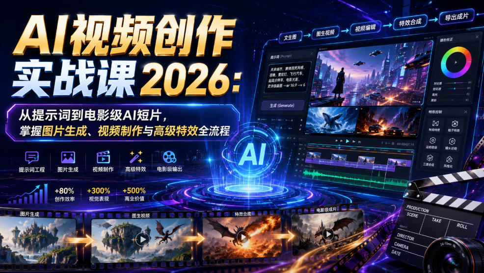 AI视频创作实战课2026：从提示词到电影级AI短片，掌握图片生成、视频制作与高级特效全流程-亿起创业网-副业兼职月入过万-自媒体、引流推广、网赚项目、短视频、技术教程等创业项目资源