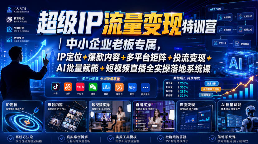 超级IP流量变现特训营｜中小企业老板专属，IP定位+爆款内容+多平台矩阵+投流变现+AI批量赋能+短视频直播全实操落地系统课-亿起创业网-副业兼职月入过万-自媒体、引流推广、网赚项目、短视频、技术教程等创业项目资源