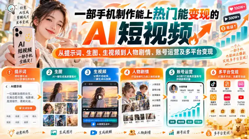 【无水印】一部手机制作能上热门能变现的AI短视频，从提示词、生图、生视频到人物剧情、账号运营及多平台变现-亿起创业网-副业兼职月入过万-自媒体、引流推广、网赚项目、短视频、技术教程等创业项目资源