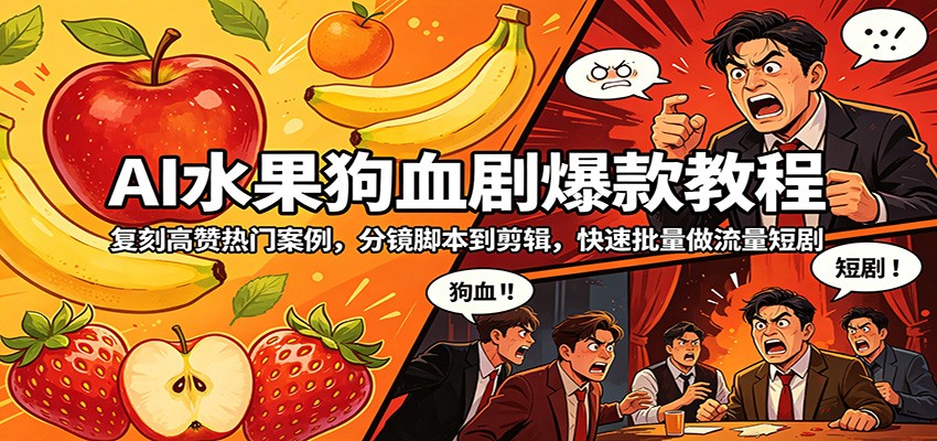 AI水果狗血剧爆款教程：复刻高赞热门案例，分镜脚本到剪辑，快速批量做流量短剧-亿起创业网-副业兼职月入过万-自媒体、引流推广、网赚项目、短视频、技术教程等创业项目资源
