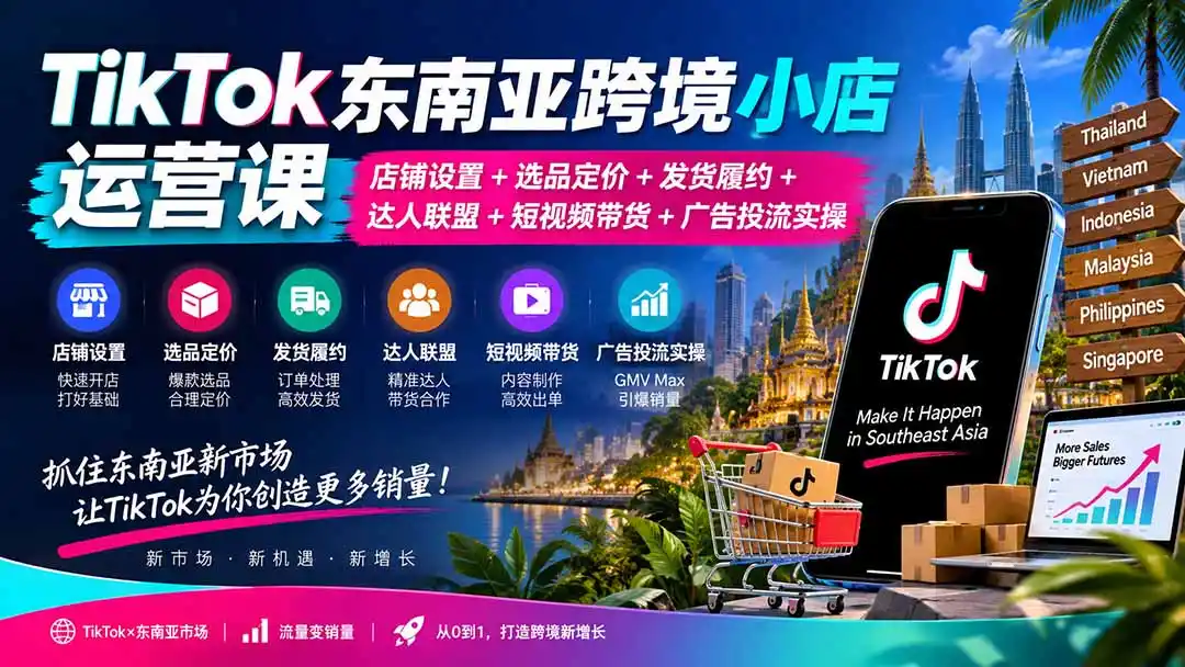TikTok东南亚跨境小店运营课：店铺设置+选品定价+发货履约+达人联盟+短视频带货+广告投流实操-亿起创业网-副业兼职月入过万-自媒体、引流推广、网赚项目、短视频、技术教程等创业项目资源