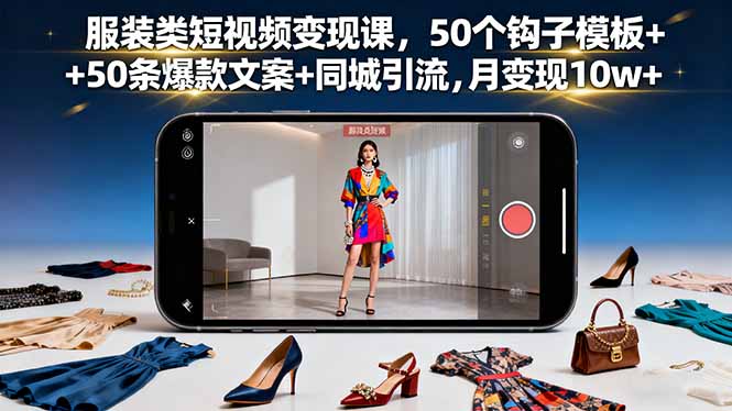 服装类短视频变现课，50个钩子模板+50条爆款文案+同城引流，月变现10w+-亿佰盟网