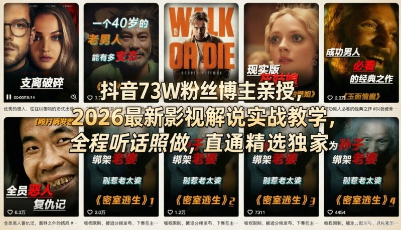 抖音73W粉丝博主亲授，2026最新影视解说实战教学，全程听话照做，直通精选独家-亿佰盟网