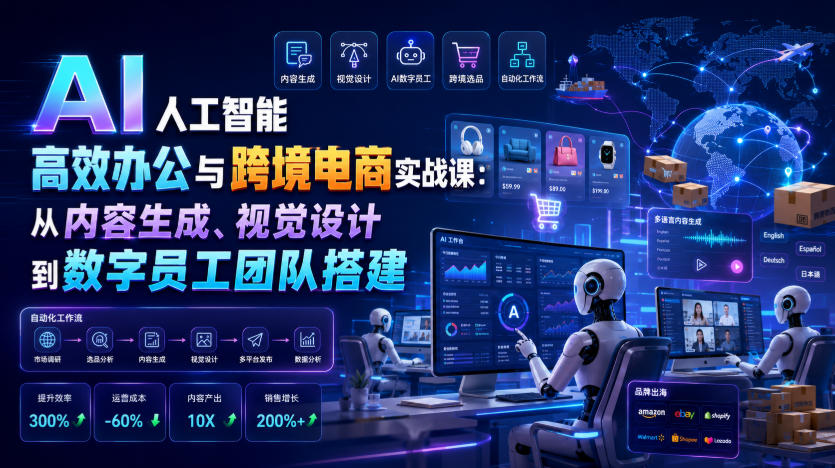 AI人工智能高效办公与跨境电商实战课：从内容生成、视觉设计到数字员工团队搭建-亿起创业网-副业兼职月入过万-自媒体、引流推广、网赚项目、短视频、技术教程等创业项目资源