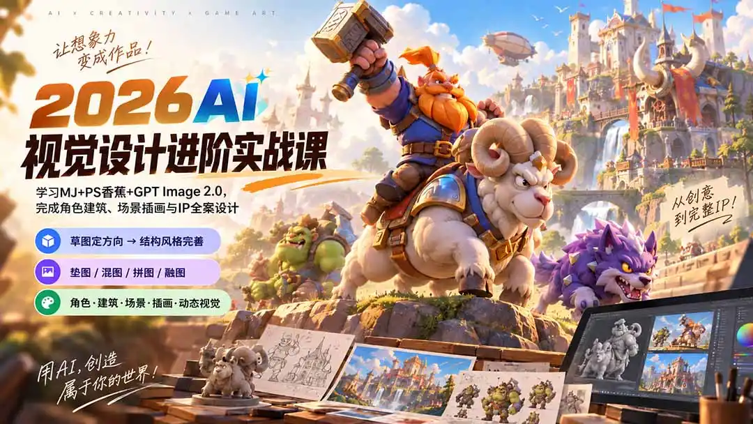 2026AI视觉设计进阶实战课-更新：学习MJ+PS香蕉+GPT Image 2.0，完成角色建筑、场景插画与IP全案设计-亿起创业网-副业兼职月入过万-自媒体、引流推广、网赚项目、短视频、技术教程等创业项目资源