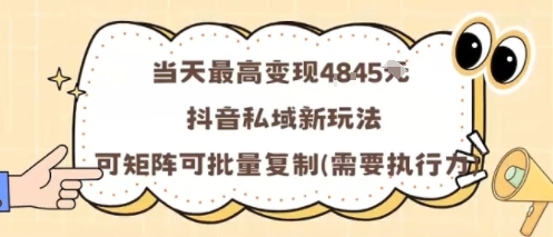 当天最高变现1k+，抖音私域新玩法，可矩阵可批量复制-亿佰盟网