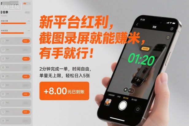 新平台红利，截图录屏就能賺米，有手就行！2分钟完成一单，时间自由，单量无上限，轻松日入5张【揭秘】-亿佰盟网