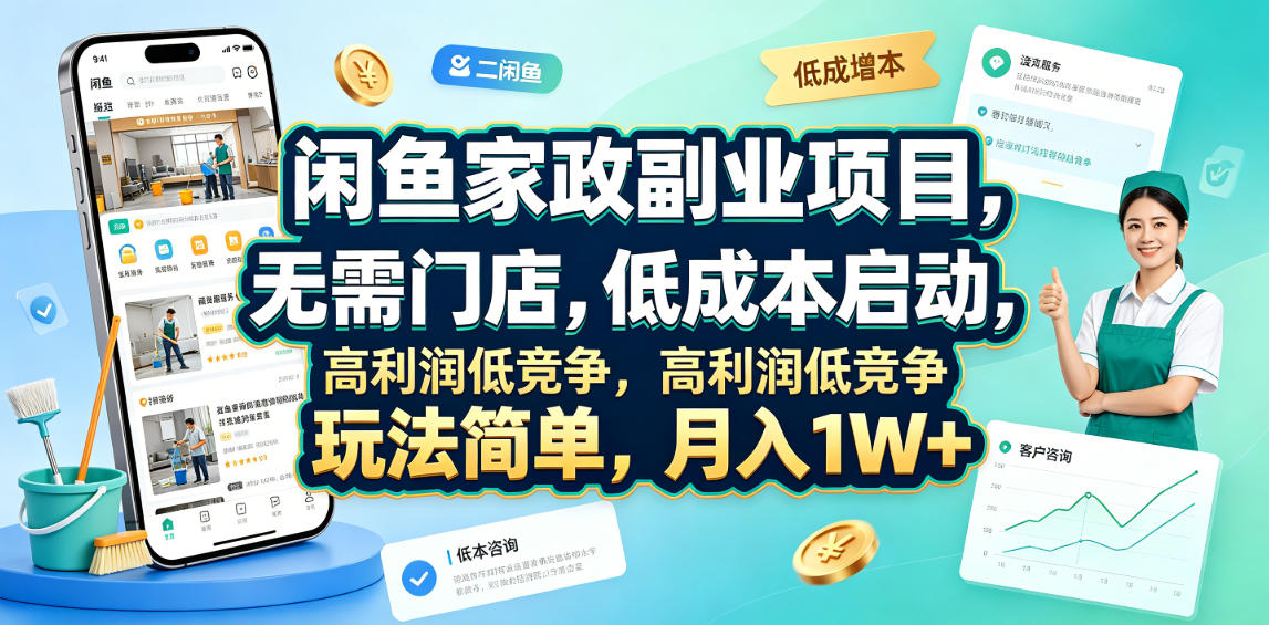 闲鱼家政副业项目，无需门店，低成本启动，高利润低竞争，玩法简单，月入1W+-亿起创业网-副业兼职月入过万-自媒体、引流推广、网赚项目、短视频、技术教程等创业项目资源