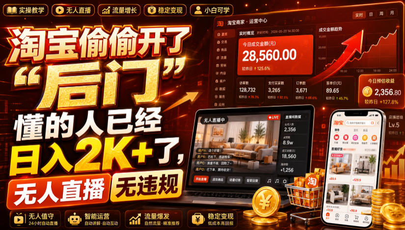 淘宝偷偷开了“后门”，懂的人已经日入2K+了，无人直播无违规，一台电脑=一家24小时营业的线上门店【揭秘】-亿起创业网-副业兼职月入过万-自媒体、引流推广、网赚项目、短视频、技术教程等创业项目资源