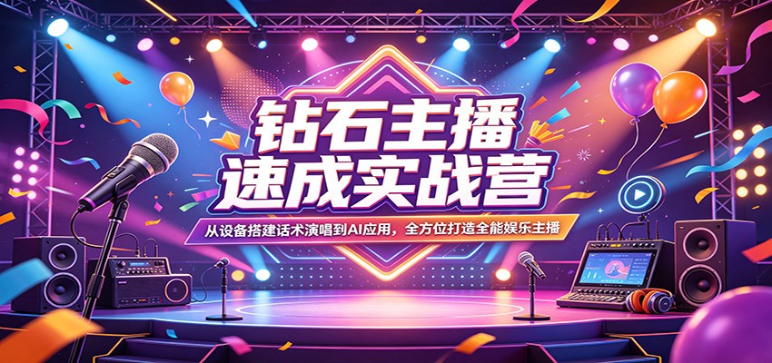 钻石主播速成实战营：从设备搭建话术演唱到AI应用，全方位打造全能娱乐主播-亿起创业网-副业兼职月入过万-自媒体、引流推广、网赚项目、短视频、技术教程等创业项目资源