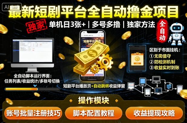 最新短剧平台全自动挂G撸金项目，单机一天3张+，多号多撸，区别于市面所有挂机项目，独家方法【揭秘】-亿佰盟网