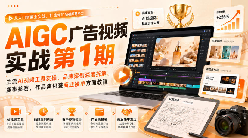 AIGC广告视频实战第1期，主流AI视频工具实操、品牌案例深度拆解、赛事参赛、作品集包装商业接单方面教程-亿起创业网-副业兼职月入过万-自媒体、引流推广、网赚项目、短视频、技术教程等创业项目资源