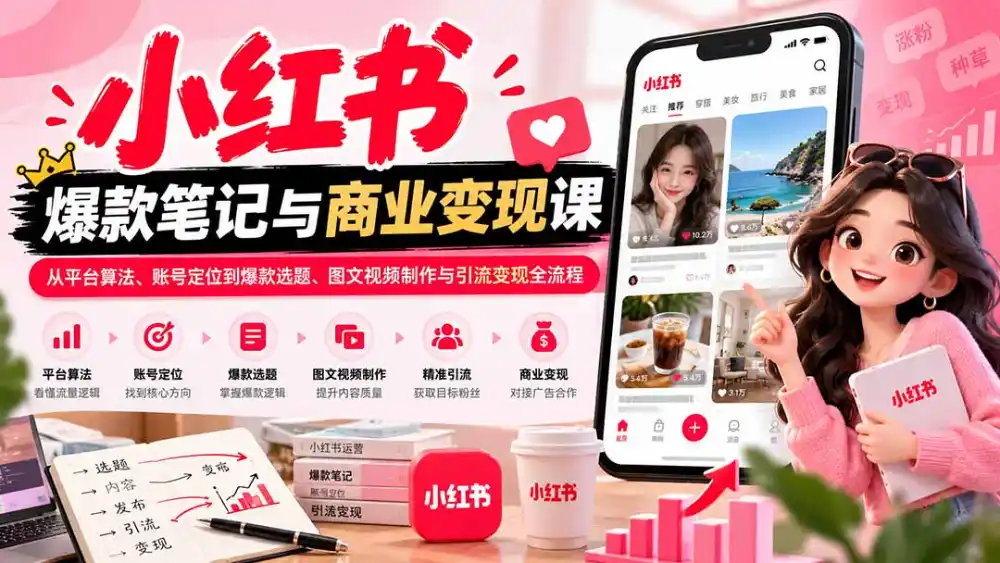 2026小红书爆款笔记与商业变现课：从平台算法、账号定位到爆款选题、图文视频制作与引流变现全流程-亿起创业网-副业兼职月入过万-自媒体、引流推广、网赚项目、短视频、技术教程等创业项目资源
